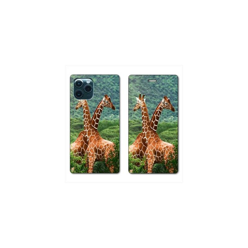 RV Housse cuir portefeuille Iphone 11 (5,8") savane Girafe Duo