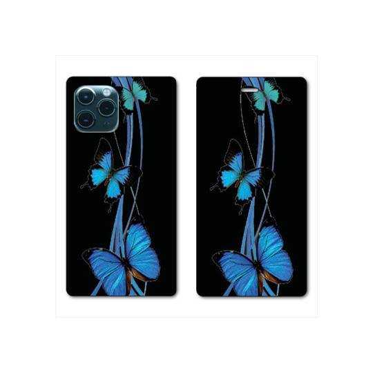RV Housse cuir portefeuille Iphone 11 Pro (6,1") papillons bleu