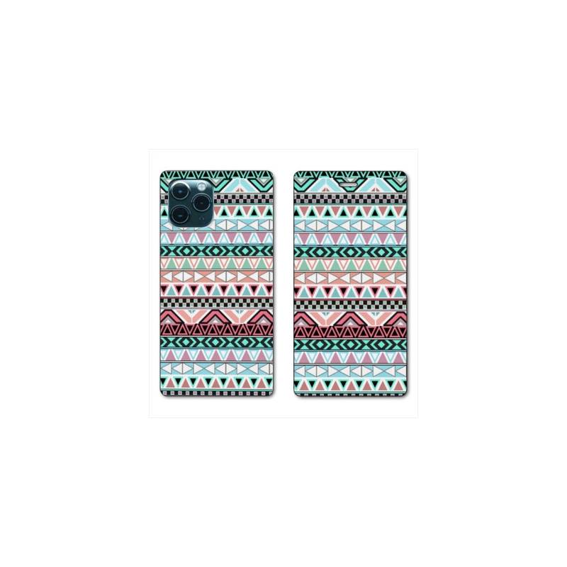 RV Housse cuir portefeuille Iphone 11 Pro (6,1") motifs Aztec azteque turquoise