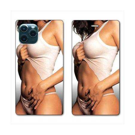 RV Housse cuir portefeuille Iphone 11 Pro (6,1") Sexy tee shirt blanc