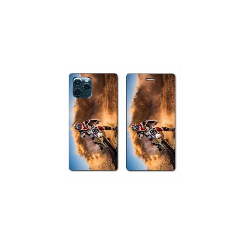 RV Housse cuir portefeuille Iphone 11 Pro (6,1") Moto Cross Blanc