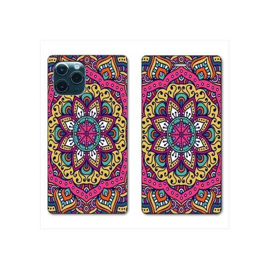 RV Housse cuir portefeuille Iphone 11 Pro (6,1") Etnic abstrait Rosas rose