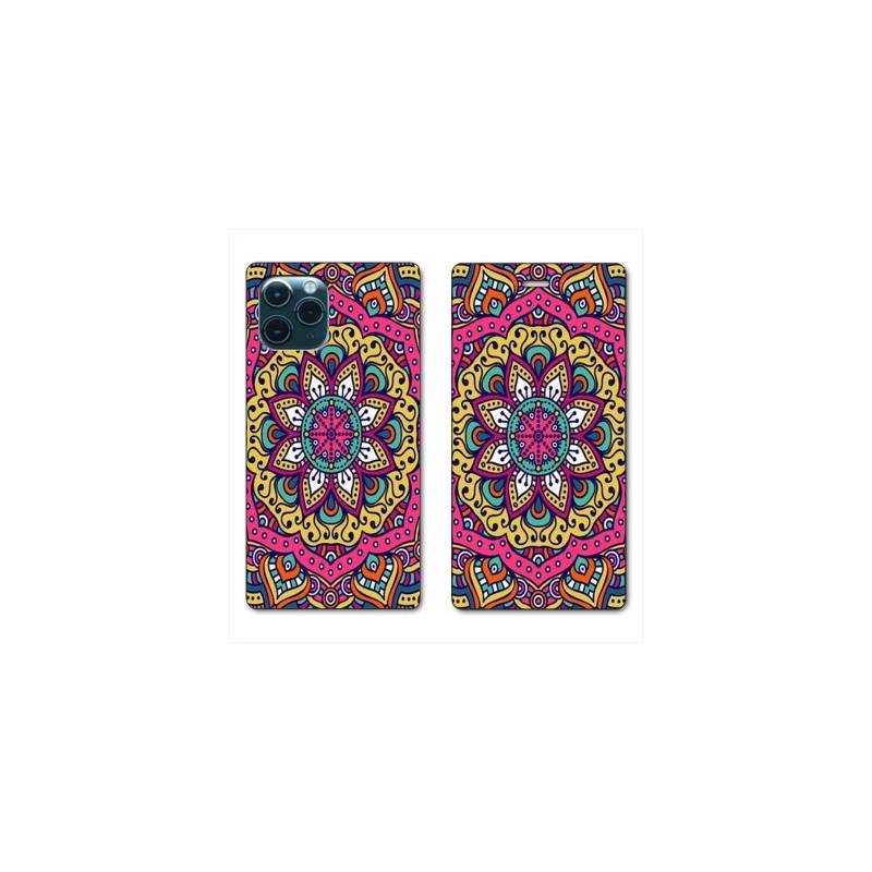 RV Housse cuir portefeuille Iphone 11 Pro (6,1") Etnic abstrait Rosas rose