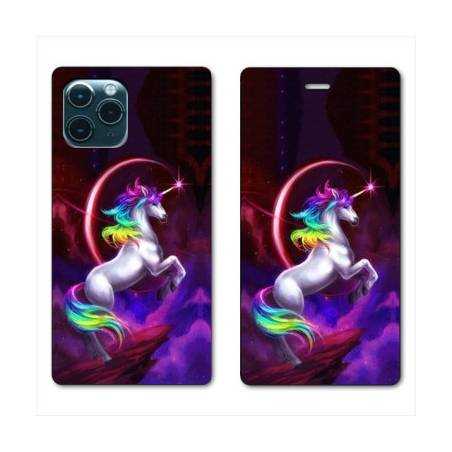 RV Housse cuir portefeuille Iphone 11 Pro (6,1") Licorne Arc en ciel