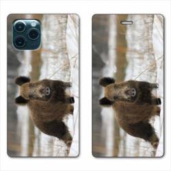 RV Housse cuir portefeuille Iphone 11 Pro Max (6,5") chasse sanglier Neige