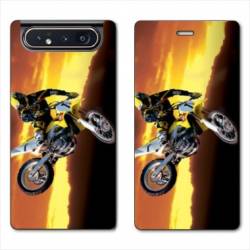 Housse cuir portefeuille Samsung Galaxy A80 Moto Cross Noir