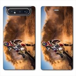 Housse cuir portefeuille Samsung Galaxy A80 Moto Cross Blanc
