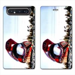 Housse cuir portefeuille Samsung Galaxy A80 Moto Casque Cross
