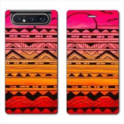 Housse cuir portefeuille Samsung Galaxy A80 motifs Aztec azteque soleil