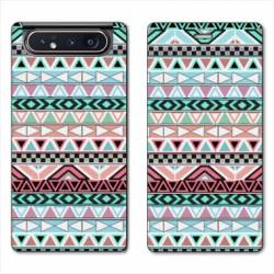 Housse cuir portefeuille Samsung Galaxy A80 motifs Aztec azteque turquoise