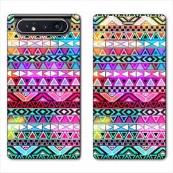 Housse cuir portefeuille Samsung Galaxy A80 motifs Aztec azteque rouge