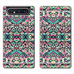 Housse cuir portefeuille Samsung Galaxy A80 motifs Aztec azteque rose