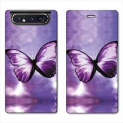 Housse cuir portefeuille Samsung Galaxy A80 papillons violet et blanc