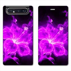Housse cuir portefeuille Samsung Galaxy A80 fleur hibiscus violet