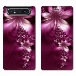 Housse cuir portefeuille Samsung Galaxy A80 fleur violette montante