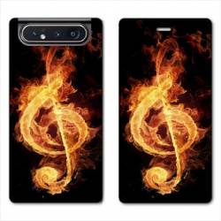 Housse cuir portefeuille Samsung Galaxy A80 Musique clé sol feu N
