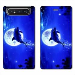 Housse cuir portefeuille Samsung Galaxy A80 Dauphin lune