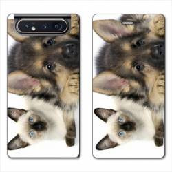 Housse cuir portefeuille Samsung Galaxy A80 Chien vs chat