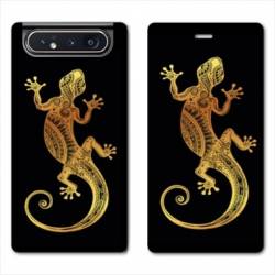 Housse cuir portefeuille Samsung Galaxy A80 Animaux Maori lezard noir