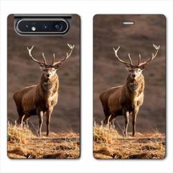 Housse cuir portefeuille Samsung Galaxy A80 chasse chevreuil Blanc