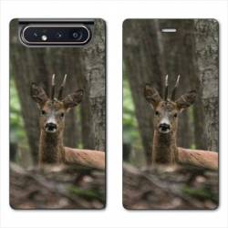 Housse cuir portefeuille Samsung Galaxy A80 chasse chevreuil Bois