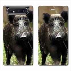 Housse cuir portefeuille Samsung Galaxy A80 chasse sanglier bois