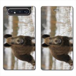 Housse cuir portefeuille Samsung Galaxy A80 chasse sanglier Neige