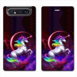 Housse cuir portefeuille Samsung Galaxy A80 Licorne Arc en ciel