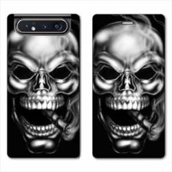 Housse cuir portefeuille Samsung Galaxy A80 tete de mort Fume