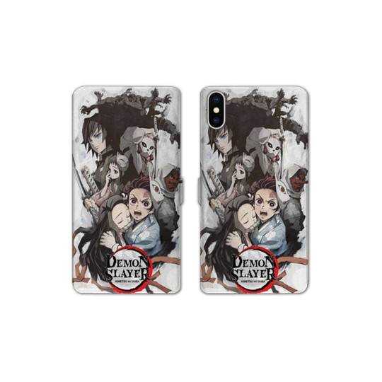 RV Housse cuir portefeuille Iphone XR Manga Damon Slayer Blanc