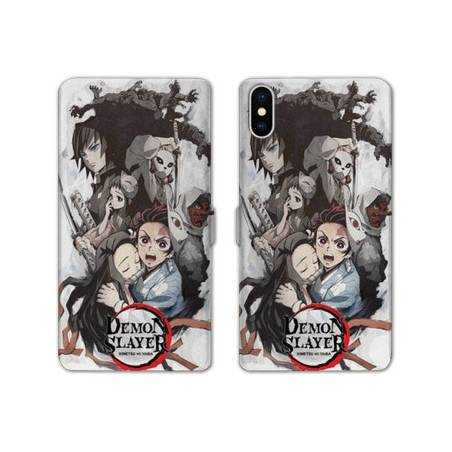 RV Housse cuir portefeuille Iphone XR Manga Damon Slayer Blanc