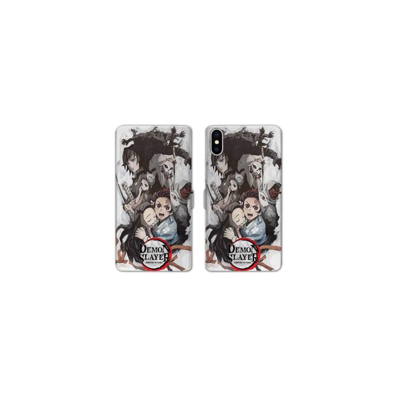 RV Housse cuir portefeuille Iphone XR Manga Damon Slayer Blanc