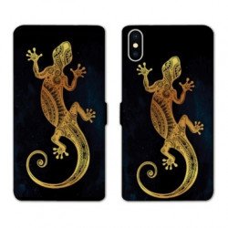 RV Housse cuir portefeuille pour Samsung Galaxy A01 Animaux Maori lezard noir