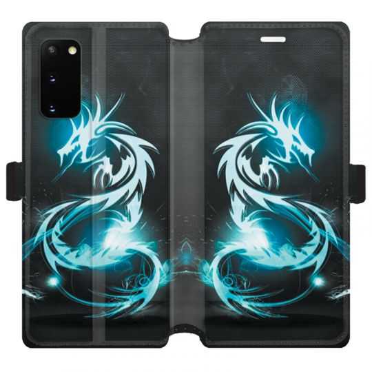 Housse cuir portefeuille pour Samsung Galaxy S20 Dragon Bleu