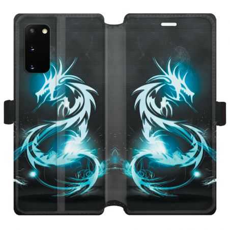 Housse cuir portefeuille pour Samsung Galaxy S20 Dragon Bleu