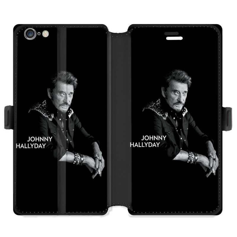 Housse cuir portefeuille pour iphone 6 / 6s Johnny Hallyday Noir