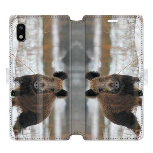 Housse cuir portefeuille pour Samsung Galaxy A10 chasse sanglier Neige