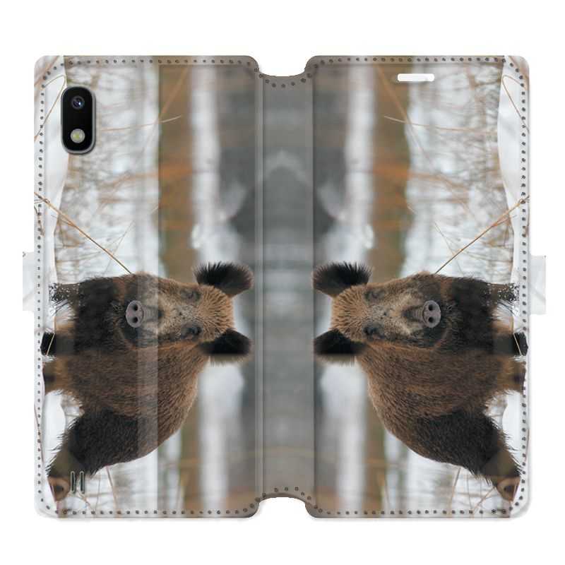 Housse cuir portefeuille pour Samsung Galaxy A10 chasse sanglier Neige