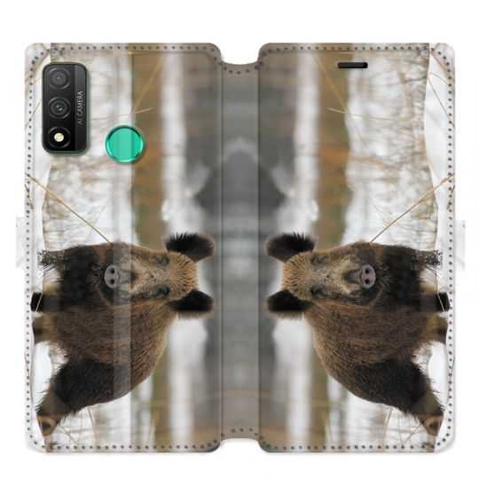 Housse cuir portefeuille pour Huawei P Smart (2020) chasse sanglier Neige