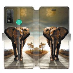 Housse cuir portefeuille pour Huawei P Smart (2020) savane Elephant route