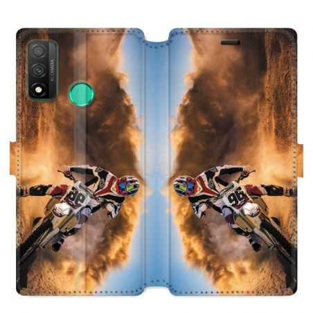 Housse cuir portefeuille pour Huawei P Smart (2020) Moto Cross Blanc