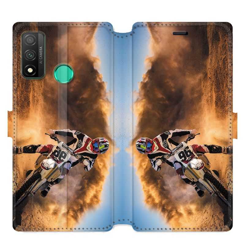 Housse cuir portefeuille pour Huawei P Smart (2020) Moto Cross Blanc
