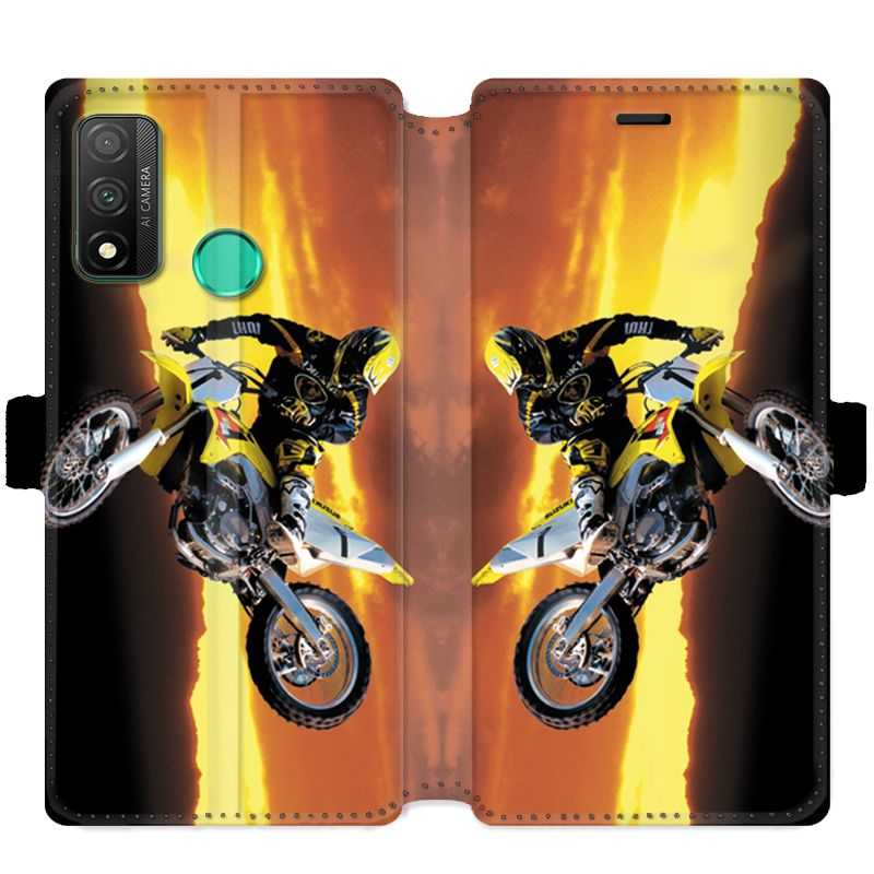 Housse cuir portefeuille pour Huawei P Smart (2020) Moto Cross Noir