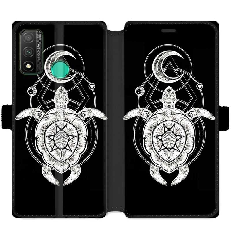 Housse cuir portefeuille pour Huawei P Smart (2020) Animaux Maori Tortue noir