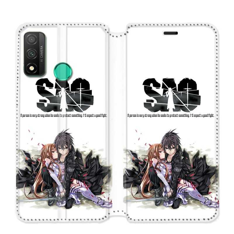 Housse cuir portefeuille pour Huawei P Smart (2020) Manga SAO sword Art Online blanc