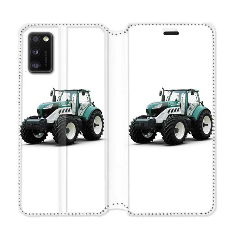 Housse cuir portefeuille pour Samsung Galaxy A41 Agriculture Tracteur Blanc