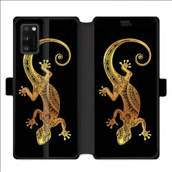 Housse cuir portefeuille pour Samsung Galaxy A41 Animaux Maori lezard noir