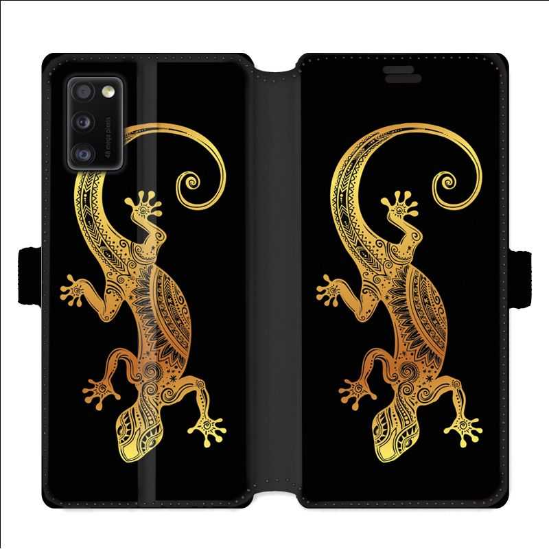 Housse cuir portefeuille pour Samsung Galaxy A41 Animaux Maori lezard noir