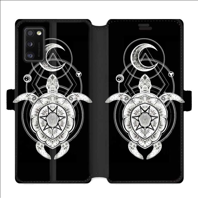 Housse cuir portefeuille pour Samsung Galaxy A41 Animaux Maori Tortue noir