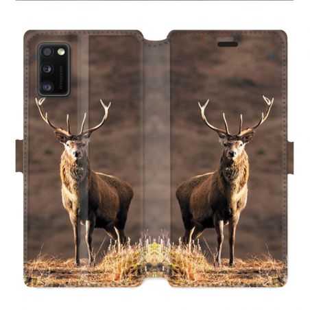 Housse cuir portefeuille pour Samsung Galaxy A41 chasse chevreuil Blanc